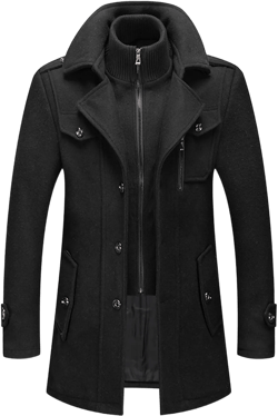 Men's Stand Collar Wool Blend Pea Coats with Removable Inner Collar Thermal Single Breasted Overcoat Windproof Pea Coat Black Medium