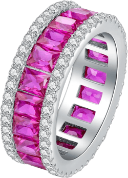 925 Sterling Silver Princess Cut Pink Sapphire Wedding Engagement Ring Full-Channel Set CZ Eternity Anniversary Band Ring White Gold Plated 7MM Stackable Rings for Women Size 5-10