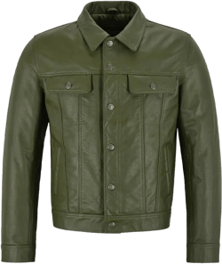 Men’s Shirt Style Vintage Trucker Classic Lambskin Casual Leather Jacket XX-Large Trucker Olive Leather
