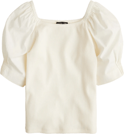 Vintage Rib Top With Cotton Poplin Puff Sleeves For Women