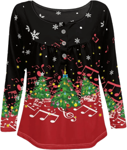 Blouses Button Shirt Long-Sleeve Down Women's Adult Casual Sweatshirts Tunic V-Neck T-Shirt Pullover Loose Ugly Tree 3X-Large