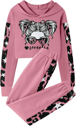 Crazyme Girls Clothes Pattern Print Hoodie Top and Jogger Kids Outfits 2 Piece Winter Sweatsuit Set 6-14Y Pink 9-10 Years