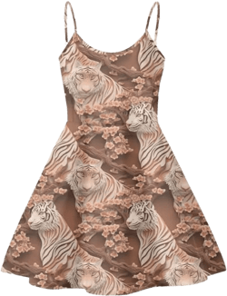 Spaghetti Strap Midi Satin Dresses Summer Sleeveless Sundree Women Girl Beach Party Swing Dress XX-Large Paper Sculpture Tiger