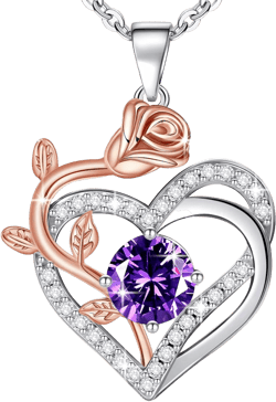 moshen Rose Heart Necklace for Women,925 Sterling Silver Birthstone Pendant - Gift for Women on Valentine's Day, Birthday, Christmas, Anniversary, Mather's Day (02-February-Amethyst Purple)