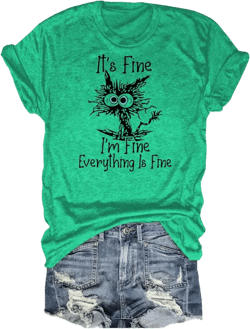Women's I'm Fine Everything is Fine T-Shirts Short Sleeve Sayings Oversized Casual Cute Cat Graphic Tee Blouse Tops Medium 00 Light Green