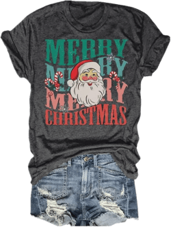 Christmas Shirts for Women Merry Christmas Santa Claus Funny Hoilday Print T-Shirts Graphic Tee Tops Large 2023/Dark Grey