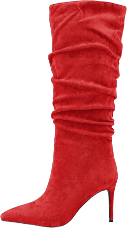 Zamikoo Slouchy High Heel Boots for Women, Knee High Stiletto Heel Boots, Pointed Toe Slouch Stretch Tall Boots Pull On 3.5 Inches 12 Suede Red