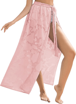 AI'MAGE Sarong Wraps for Women Long Chiffon Swimsuit Coverup Tie Sarong Sheer Floral Bathing Suit Cover Up Skirt Light Pink/Peony Flowers X-Large