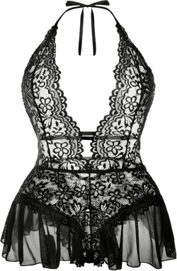 Women's Plus Size Lace Bodysuit Sexy Halter V Neck One-Piece Teddy Lingerie Black 4X-Large