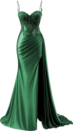 Women's Mermaid Satin Long Prom Dress Spaghetti Straps Lace Applique Formal Evening Gowns with Slit F187 4 Emerald Green