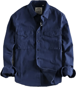 Retro Male Cargo Shirt Jacket Canvas Cotton Khaki Military Uniform Light Casual Work Style Shirts Mens Tops Navy Blue XS
