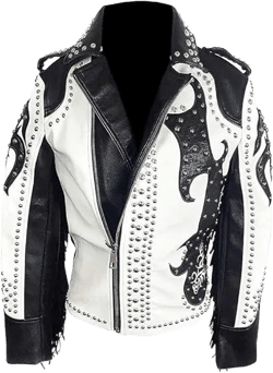 Hide & Seek Men's Fringe Biker Punk Rock Studded Motorcycle White & Black Spikes Western Abstract Leather Jacket