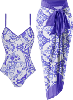 Women's One Piece Swimsuit with Beach Cover Up Retro Floral Print Bathing Suits with Coverup Set Sarong Wrap Swim Suit 1 Piece Swimwear Set with Matching Skirt Blue White Floral XX-Large