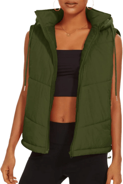 Micoson Puffer Vests for Women Winter Sleeveless Hooded Jacket Quilted Zip Up Stand Collar Gilet with Pocket Loose Fit