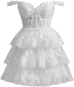 Sevintage Lace Applique Tulle 2023 Homecoming Dresses for Women White Off The Shoulder A Line Corset Tiered Formal Party Gowns for Teens Short Size 4