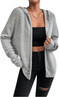 SHENHE Women's Zip Up Hooded Cardigan Drop Shoulder Casual Knitwear Sweater Jacket