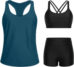 Holipick 3 Piece Athletic Tankini Swimsuits for Women Swim Tank Top Bathing Suits with Boy Shorts and Sports Bra Swimwear Large Teal