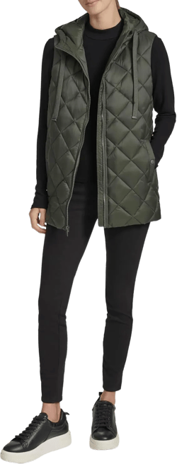 Andrew Marc Women's Quilted Design Tunic Length Hooded Vest X-Large Olive