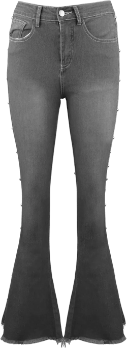 Women's High Waist Stretch Studded Flared Jeans Washed Bell Bottom Fitted Denim Pants Large Gray