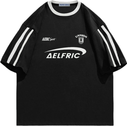 Aelfric Eden Graphic Tees Y2k Women Oversized T Shirts Striped Patchwork Crewneck Unisex Streetwear Tops Small Black