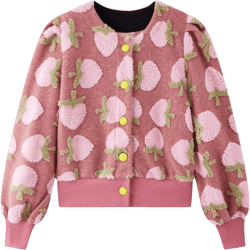 HOULENGS Women's Cropped Floral Print Fleece Bomber Jacket Casual Puff Sleeve Button Down Coats Winter Warm Outerwears Medium 02pink