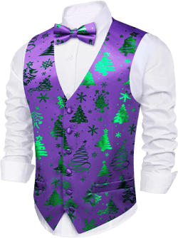 Barry. Wang Mens Christmas Vest with Snow/Snowman/Christmas Tree Red/Green Holiday Waistcoat Bowtie Set Party Halloween Medium Purple Green Tj