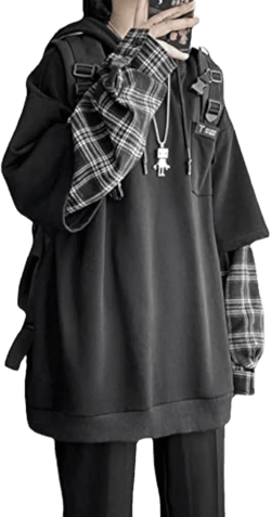 YUESUO Emo Streetwear Vintage Hoodie Women Men Oversized Sweatshirt Punk Patchwork Pullovers Grunge Plaid Hoodie Clothes X-Large Black