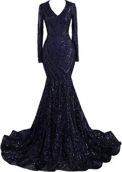 Women's Long Sleeves V-Neck Sequined Mermaid Elegant Formal Evening Party Gowns Blue