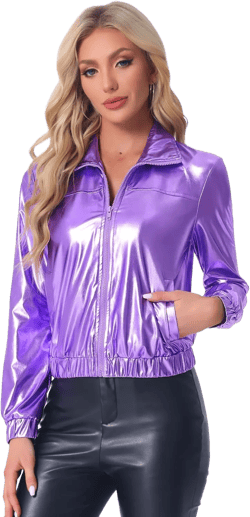 Allegra K Women's Holographic Shiny Party Christmas Long Sleeve Lightweight Zipper Metallic Jacket X-Small Light Purple