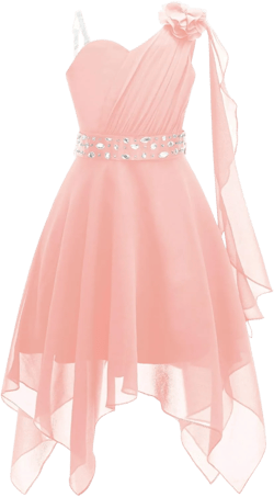 Kids Girls One Shoulder Wedding Bridesmaid Dress Pleated Chiffon Flower Girl High-Low Dress Proms Ball Gown 6 Years Z Pink