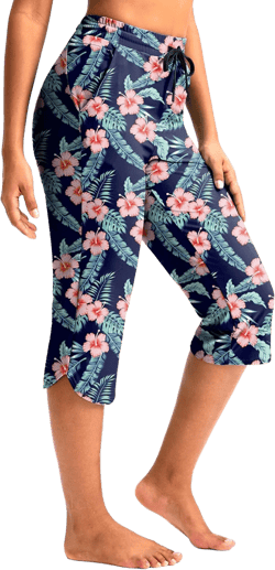 Pudolla Women's Swim Capris 18" Quick Dry UPF50+ Swimsuit Pants Long Board Shorts for Women with Pockets XX-Large Navy Flower