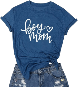Boy Mom Tee Shirt for Women Short Sleeve Letter Printed Graphic Mom Gifts Tee Shirts X-Large Blue