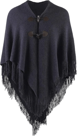 Women's Striped Poncho with Tassels Knitted Shawl Scarf Fringed Wrap Sweater Pullover V Neckline Solid Navy Blue