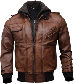 Men Brown Hooded Bomber Leather Motorcycle Jacket with Removable Hood | Real Lamskim Black Leather Jacket Small Brown
