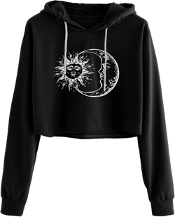 Remidoo Women's Casual Sun and Moon Print Hoodie Long Sleeve Crop Top Sweatshirt