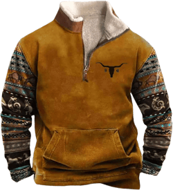 HOTYD Western Jackets for Men Cowboy Sweatshirts Vintage Ethnic Graphic Casual Long Sleeve Top 1/4 Zip Pullover Hoodies Yellow Small