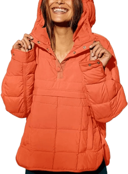 Women's Quilted Pullover Puffer Jacket Lightweight Long Sleeve Padded Hooded Oversize Warm Winter Coat Tops Orange X-Large