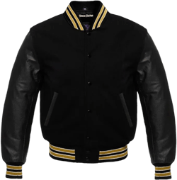 Men's Varsity Solid Black Wool and Genuine Leather Sleeves Letterman Jacket in Gold Trimming X-Large Black