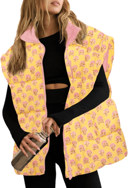 Tankaneo Womens Floral Oversized Puffer Vest Cap Sleeve Winter Warm Puffy Quilted Jackets Coat Light Yellow Medium