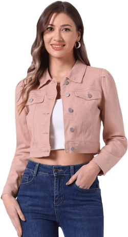 Allegra K Women's Jean Jackets Puff Sleeve Button Up Cropped Denim Jacket X-Large Pink