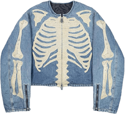 Arnodefrance Y2K Long Sleeve Zip Up Denim Jacket Vintage Washed Skeleton Printing Graphic Truck Jacket Warm Coat