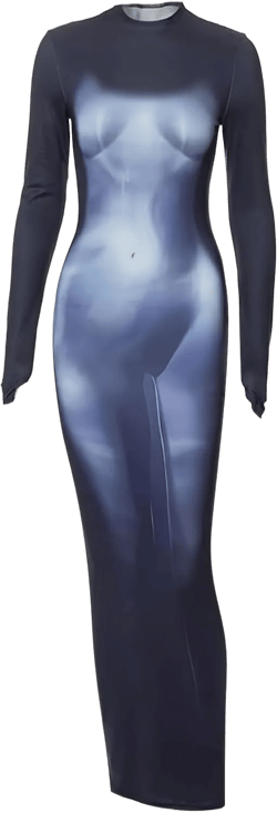 Y2K 3D Body Print Maxi Dress Women Aesthetic Long Sleeve Unique Sexy Body-Shaping Robe Party Clubwear Clothing X-Large Black 1