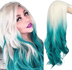 Baruisi Platinum Blonde to Blue Wig Long Wavy Natural Synthetic Middle Part Halloween Cosplay Wigs for Women Blonde&blue