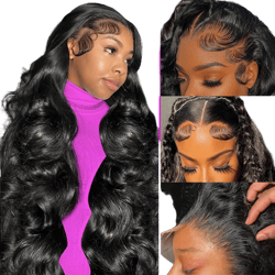ANDRIA Body Wave Lace Front Wigs Glueless Lace Front Wig 13x4 HD Lace Front Wigs Synthetic Heat Resistant Fiber Hair Wig With Baby Hair Wigs For Black Women Long Loose Black Wig 26 Inches Black Bady Wave