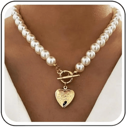 Vintage Heart Pendant Necklace Big Pearl Necklace Choker Gold Toggle Chain Necklaces Initial Letter Choker Necklace Jewelry for Women(Heart)