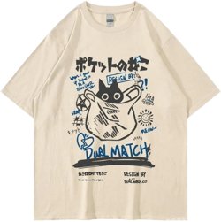 Unisex Cartoon T-Shirts Harajuku Kawaii Cat Letter Printed Short Sleeve Tees Couple Loose Clothes Y2K Tops