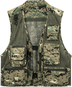 Men's Outdoor Utility Tactical Vest Casual Camo Mesh Breathable Work Safari Fishing Hunting Cargo Vest Multi Pockets Jacket Green Large