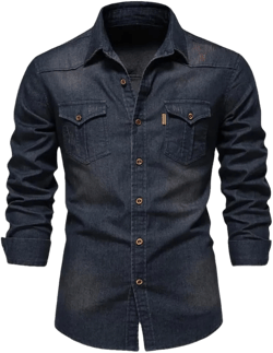 Men's Collar Single Breasted Long Sleeved Denim Shirt Solid Color Casual Slim Fit Denim Jacket X-Large Dark Blue