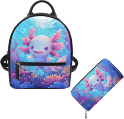 Showudesigns Cute Axolotl Backpack Purse Set for Women Mini Backpack Teen Girls Leather Small Backpacks Wallets Shoulder Bag for School Travel Mini Casual Daypack Handbags Coin Purse Salamander Axolotl Salamander