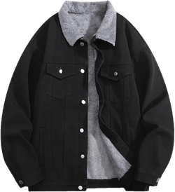 Men's Thick Fleece Warm Denim Jacket Solid Color Casual Loose Oversized Denim Jacket Small Black Fleece